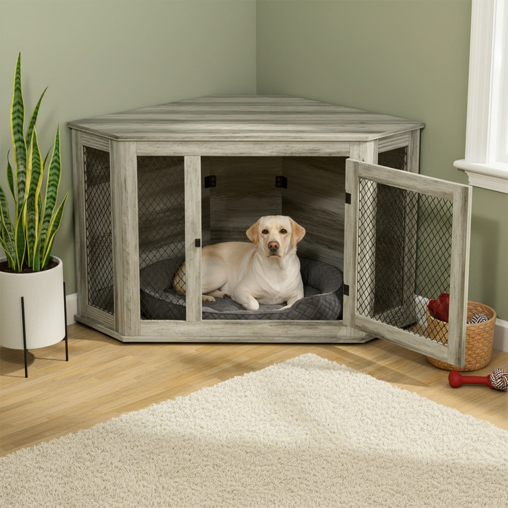 Wooden Dog Crate Furniture End Table with Mesh Door – Indoor Pet Kennel Side Table for Small Medium Dogs, 2 Sizes Brown Grey White
