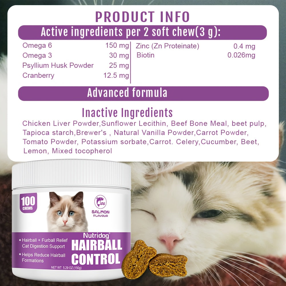 Cat Hairball Control Soft Chews 100ct – Digestive Support Supplement for Cats, Salmon Flavor, Herbal Formula