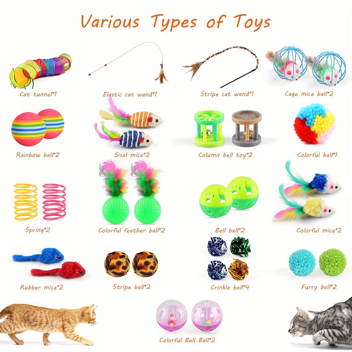 32-Piece Cat Toy Set with Rainbow Tunnel – Kitten Toys Assortment Including Feather Teaser Wand, Sisal Mice, Bell Balls & Crinkle Balls for Indoor Cats