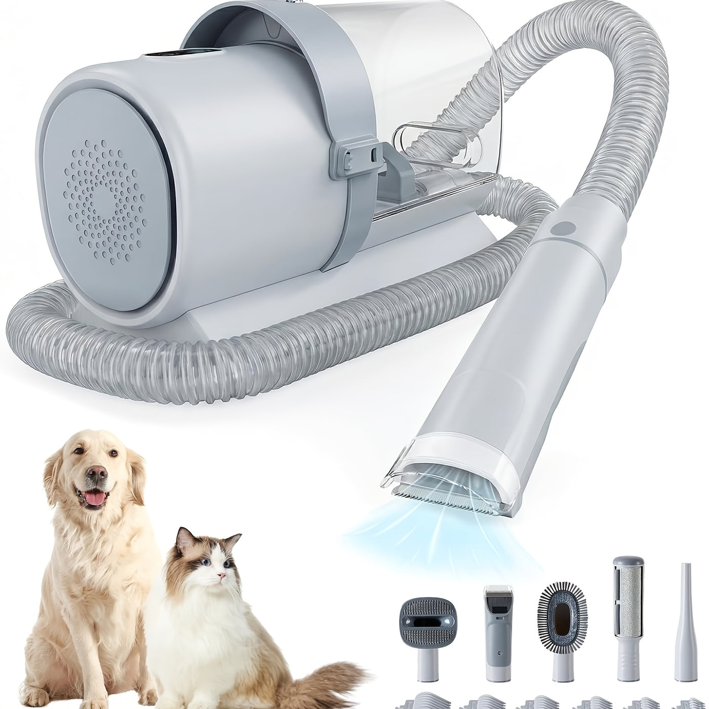Pet Grooming Vacuum Kit 5-in-1 – Dog & Cat Hair Clipper with 99% Suction Vacuum, 6 Guide Combs, Professional Low-Noise Grooming Tools for Dogs Cats, White Grey & White Blue