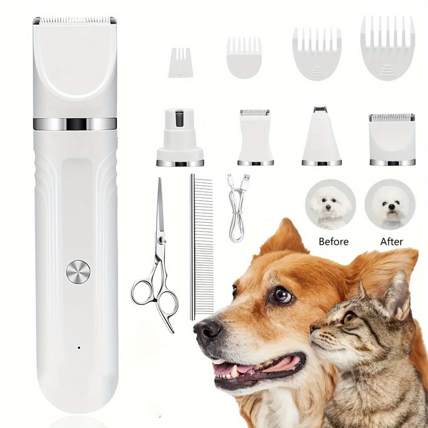6-in-1 Pet Grooming Kit USB Rechargeable Cordless Clippers – 4 Interchangeable Blade Heads, Nail Clipper, Steel Comb & Scissors for Dogs Cats & Small Animals, White & Blue