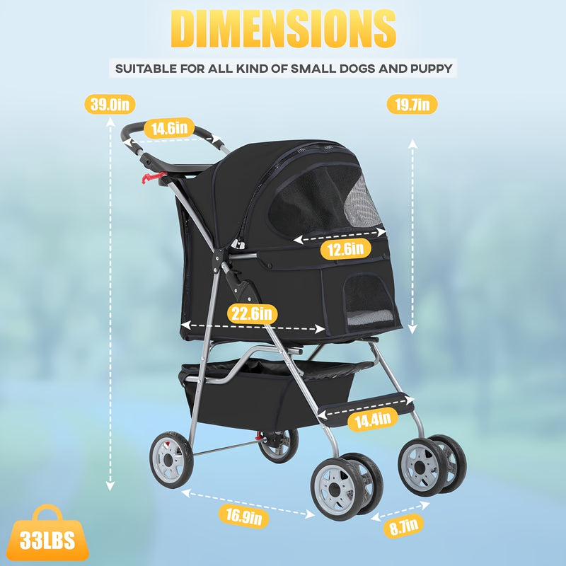 4-Wheel Pet Stroller for Cats & Dogs – Portable Breathable Stroller with Storage Basket & Cup Holder for Outdoor Walks | Black, Blue, Pink, Purple, Red