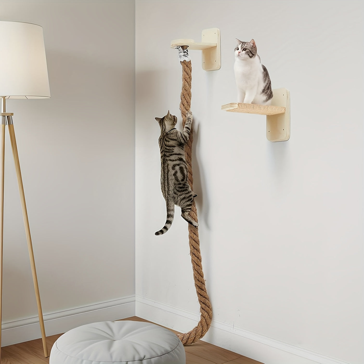 Wall Mounted Cat Scratching Post with Jute Rope Climbing Ladder & Resting Platform – 60in/1.5m Cat Wall Tree, Sisal Rope Cat Climber for Indoor Cats, Endless Fun