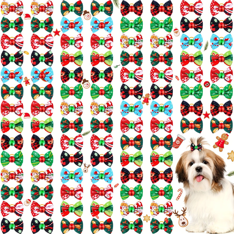 Christmas Dog Bows 100 Pack – Rhinestone Hair Bows with Bands for Dogs & Puppies, Santa Claus Christmas Tree Elk Snowflake Grooming Accessories, Holiday Pet Hair Bow Gift Set