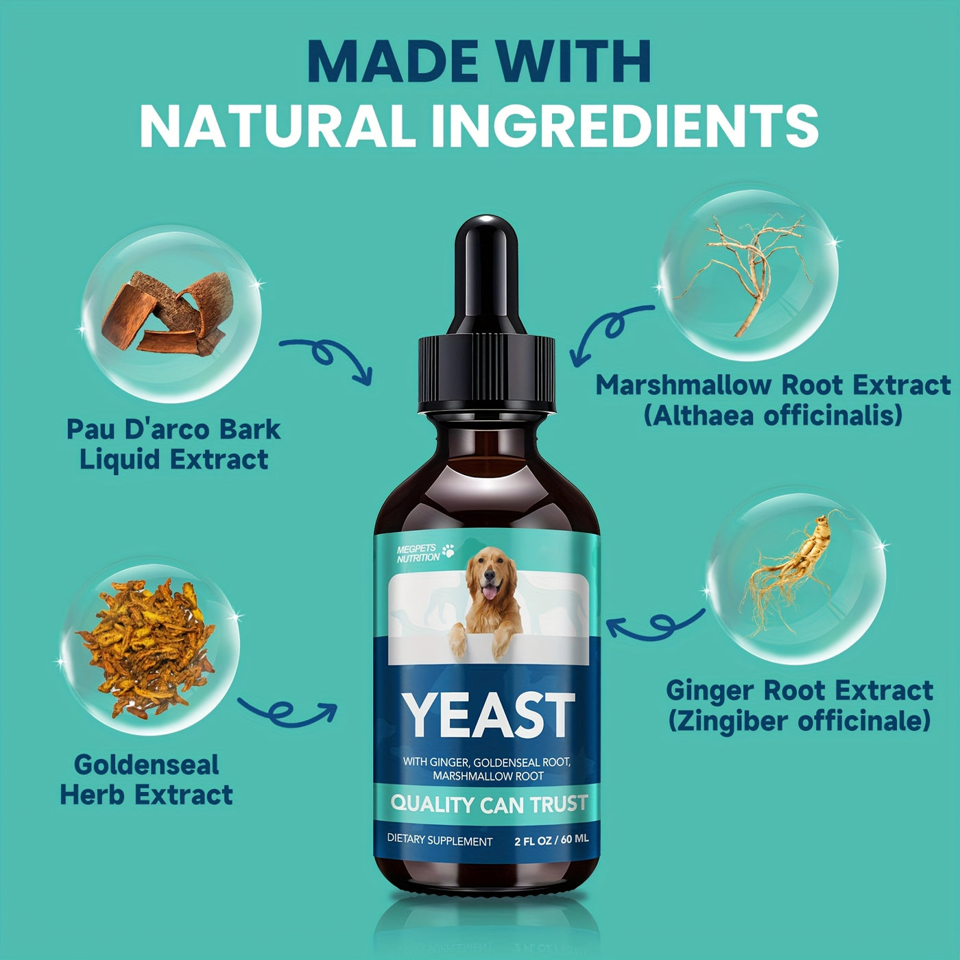Yeast Health Drops for Dogs and Cats 60ml – Skin and Ear Support Liquid Supplement Easy Absorb All Breeds Ages