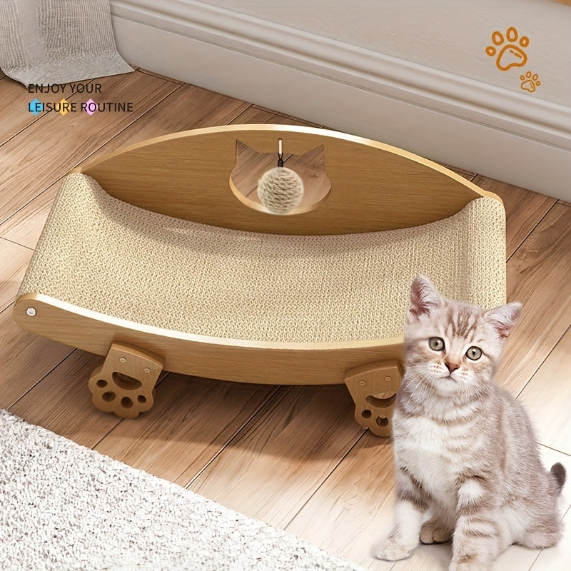 Sisal Cat Scratcher Lounge Chair with Hanging Ball Toy – Solid Wood Curved Cat Bed & Scratching Pad, Furniture Protector for Indoor Cats