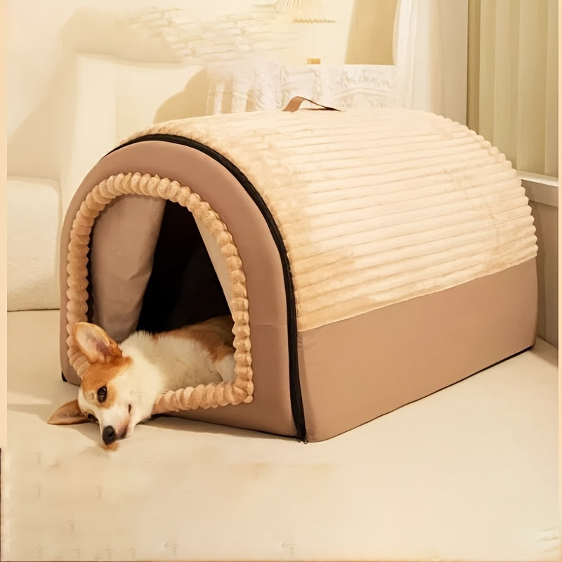 2-in-1 Foldable Indoor Dog House & Pet Tent Cave Bed - Soft Fluffy Washable Cushion Mat with Lid, All-Season Privacy Warm Bed for Small Medium Large Dogs Cats