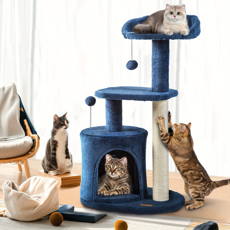 32-Inch Cat Tree with Condo, Sisal Scratching Post, Plush Perches & Pompom Toys for Indoor Cats - Denim Blue Multi-Level Cat Tower Activity Center