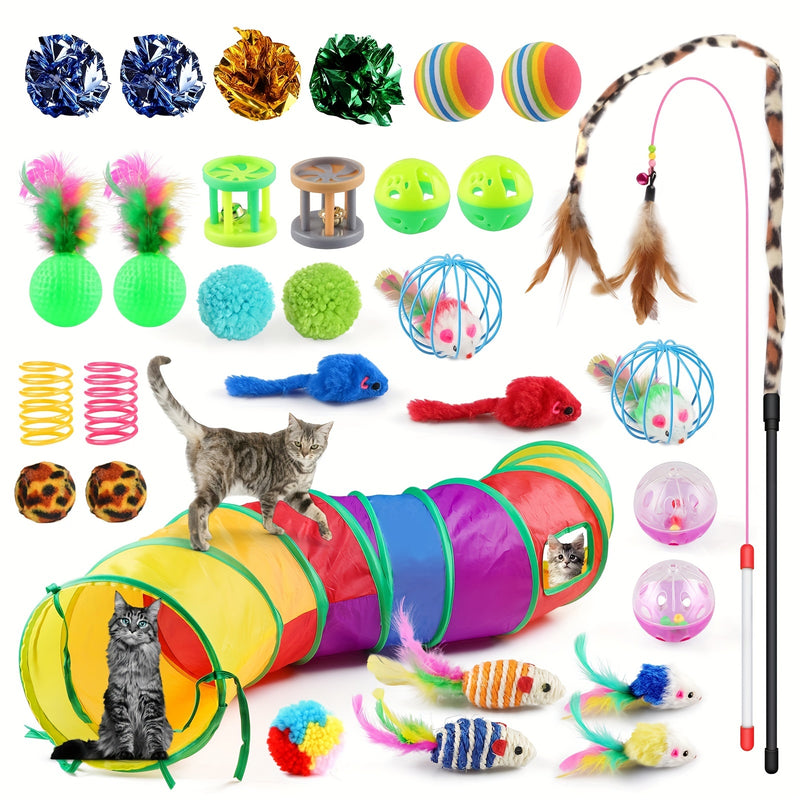 32-Piece Cat Toy Set with Rainbow Tunnel – Kitten Toys Assortment Including Feather Teaser Wand, Sisal Mice, Bell Balls & Crinkle Balls for Indoor Cats