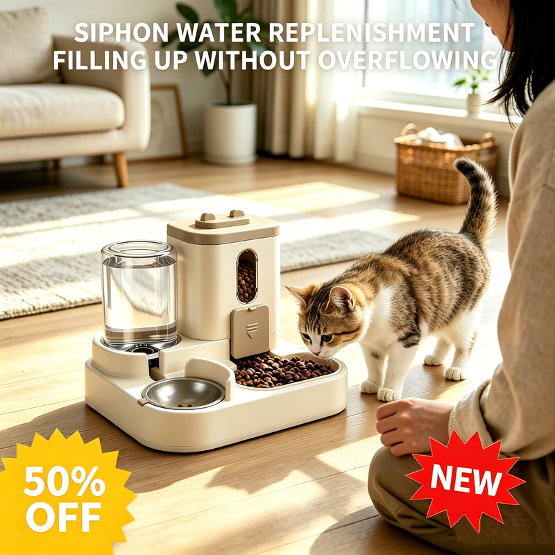 2-in-1 Automatic Pet Feeder for Cats & Dogs – Non-Electric Space-Saving Gravity Bowl, Easy Clean, Multi-Pet Family Dual Feeding Station