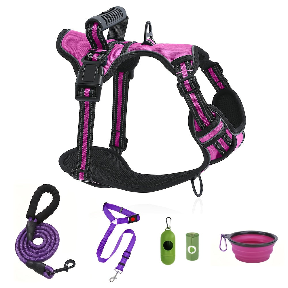 6-in-1 No-Pull Dog Harness & Leash Set Adjustable Reflective - Oxford Vest with 2 Leash Clips & Control Handle for Small Medium Large Dogs XS-XL, No Choke, Black Green Blue Purple Red