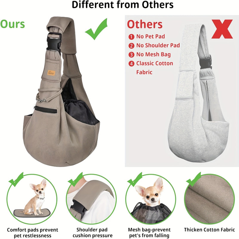 Adjustable Pet Sling Carrier with Padded Hard Bottom – Soft Dog & Cat Shoulder Bag with Drawstring Closure for Comfortable Travel | Khaki, Purple, Army Green, Blue, Grey