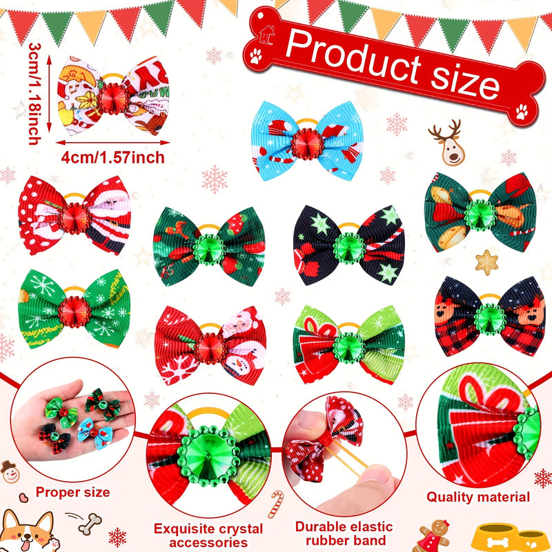 Christmas Dog Bows 100 Pack – Rhinestone Hair Bows with Bands for Dogs & Puppies, Santa Claus Christmas Tree Elk Snowflake Grooming Accessories, Holiday Pet Hair Bow Gift Set