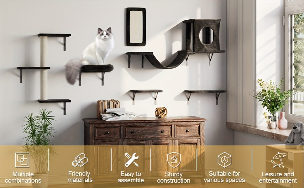 Wall Mounted Cat Climbing Shelf Set – 6 or 7 Piece Cat Wall Furniture with Scratching Post, Bridge, Ladder & Tunnel, Indoor Cat Condo for Cats of All Sizes