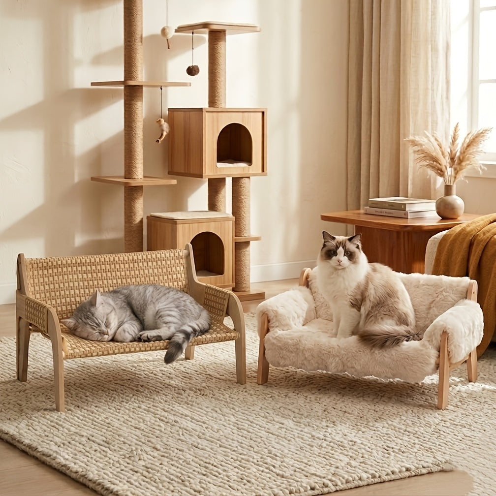 Elevated Pet Sofa Bed - Solid Wood Lounge Chair for Cats & Dogs, Modern Pet Furniture, Replaceable Mattress, Bamboo Mat & Fleece Options, White & Grey