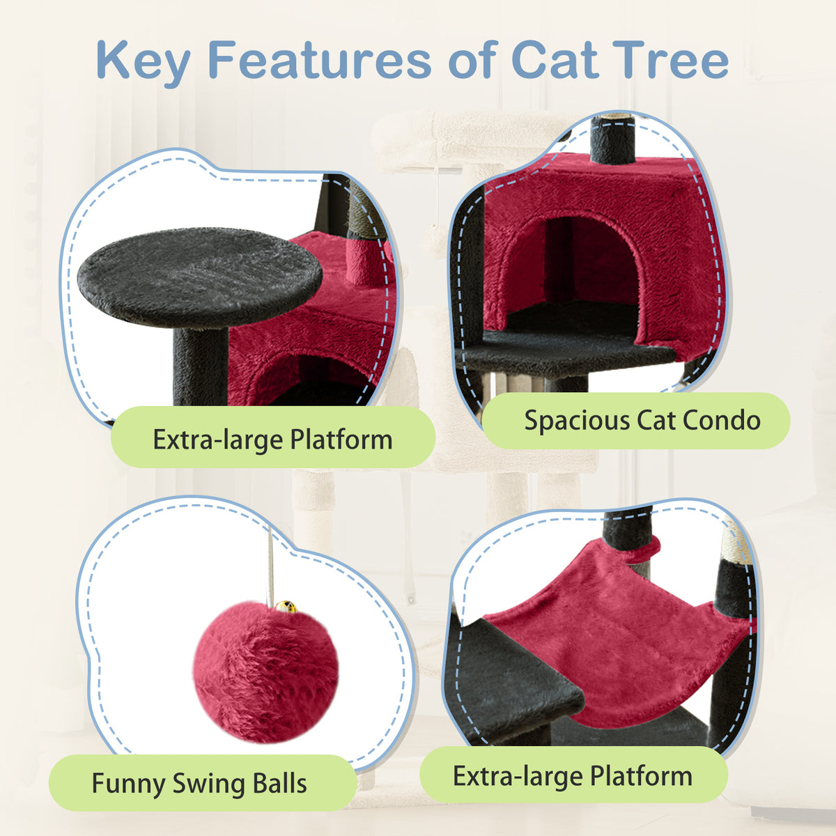 44-Inch Large Cat Tree Tower with Condo, Hammock & Sisal Scratching Posts – Multi-Level Indoor Cat House for Multiple Cats