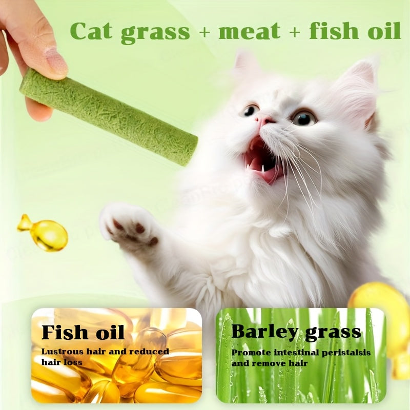 Cat Grass Sticks for Hairball Control – Freeze-Dried Catnip Treats with Instant Granules & Hair Cream Tablets for Indoor Cats | 15pcs / 3x5pcs Pack