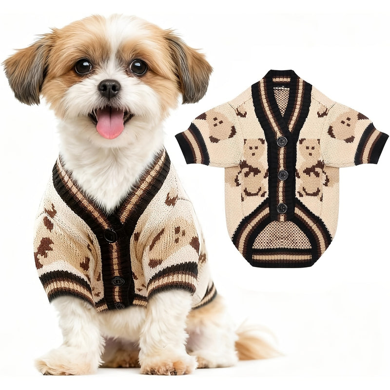 Dog Cardigan Sweater Bear Print with Button Closure – Warm Knitted Fleece-Lined Puppy Shirt, Adjustable Collar, Elastic & Embroidered, Small Breeds Bichon Teddy Schnauzer, Spring Summer