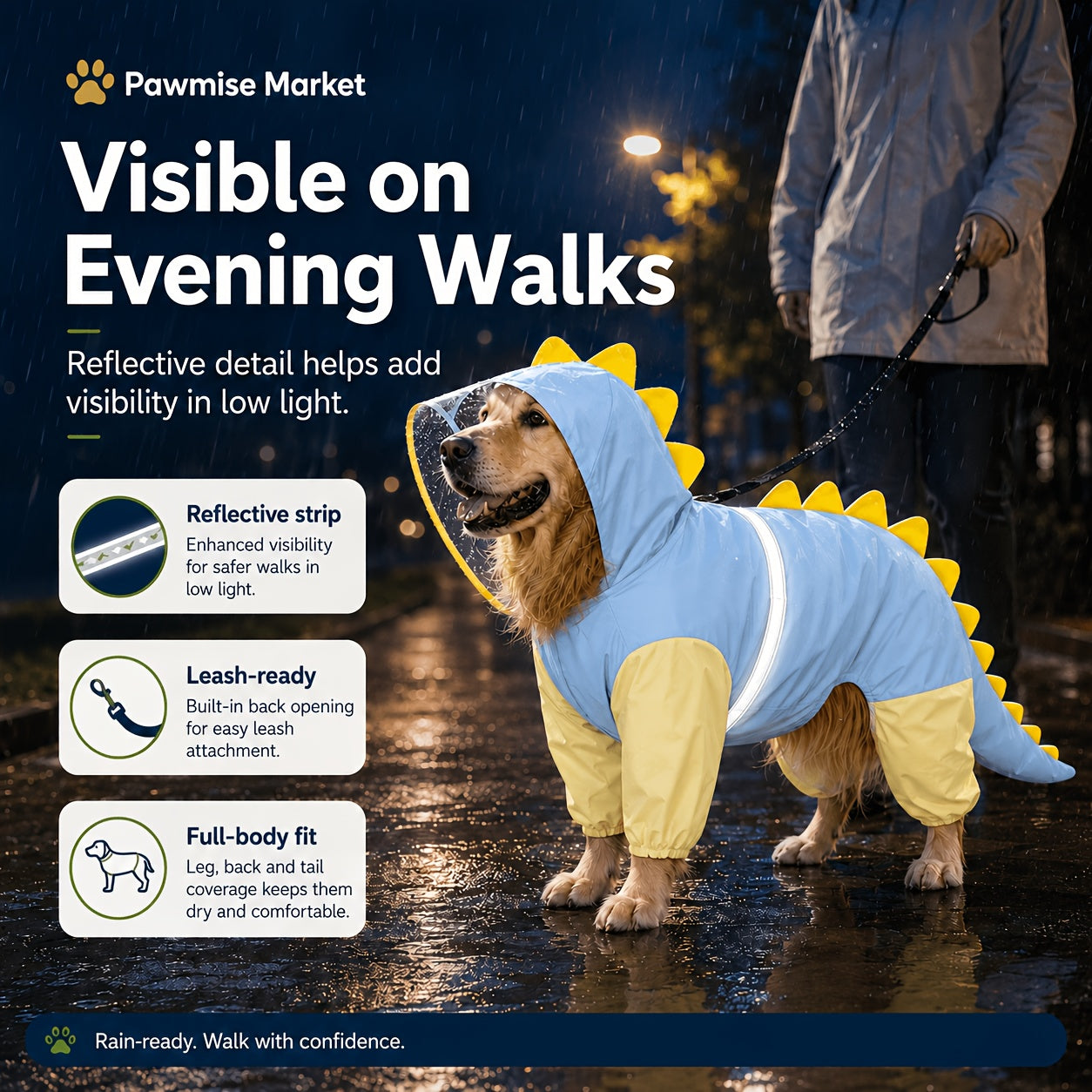 Large Dog Raincoat Dinosaur Costume Full Body – Waterproof Rain Jacket with Hood & Tail for Golden Retriever Labrador, Funny Outdoor Pet Outfit 3XL-8XL