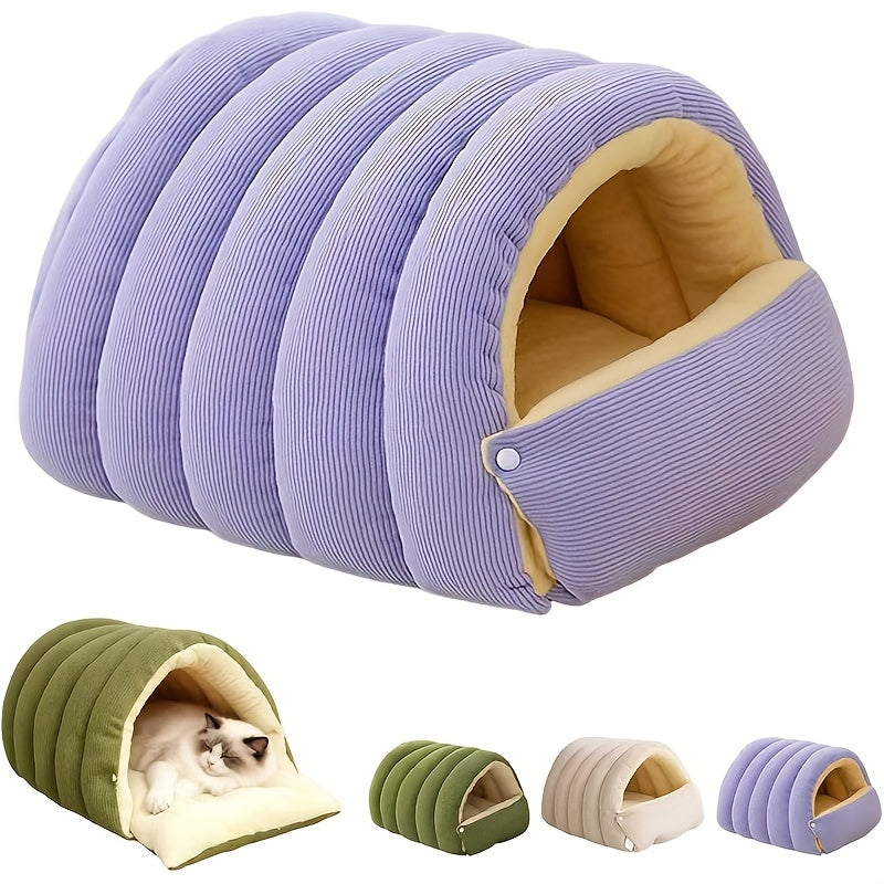 Cat Cave Bed for Indoor Cats – Cozy Cave-Style Tent with Removable Cushion, Warm Sleeping Bag Nest for Cats & Small Dogs, Autumn & Winter Pet Bed in Beige, Green & Purple