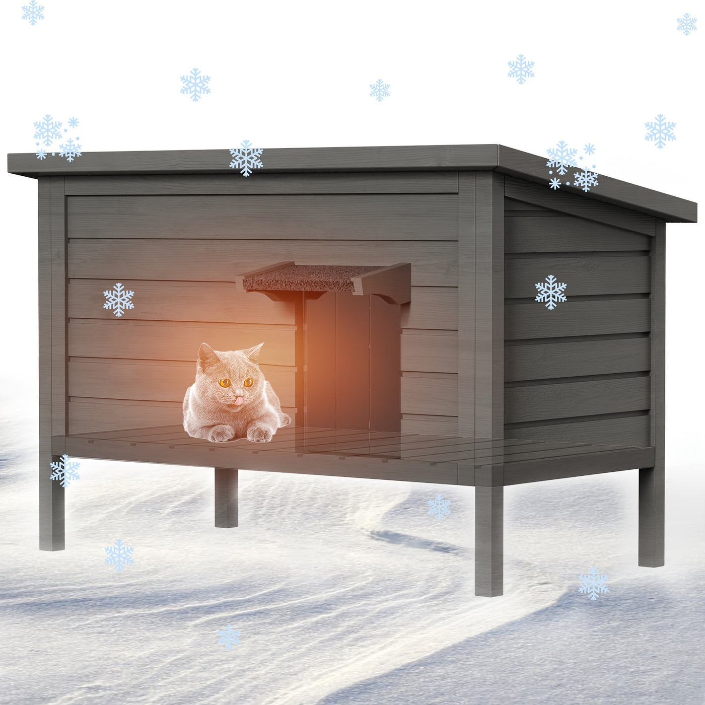 Outdoor Cat House Insulated Waterproof – 6-Side Foam Insulated Solid Wood Feral Cat Shelter with Feeding Station, Fits 2-3 Cats, 34.4"L×21.7"W×27.2"H