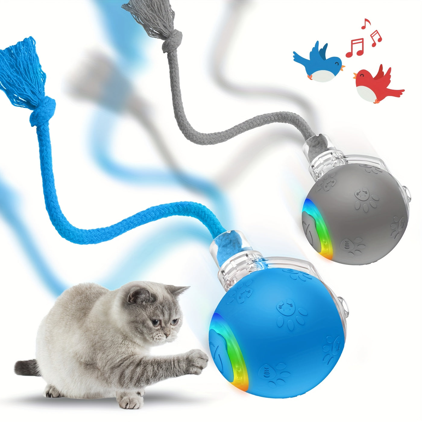 Motion-Activated Smart Cat Toy 2-Pack USB Rechargeable with Bird Sounds Colorful Lights - Interactive Self-Play for Indoor Cats & Kittens