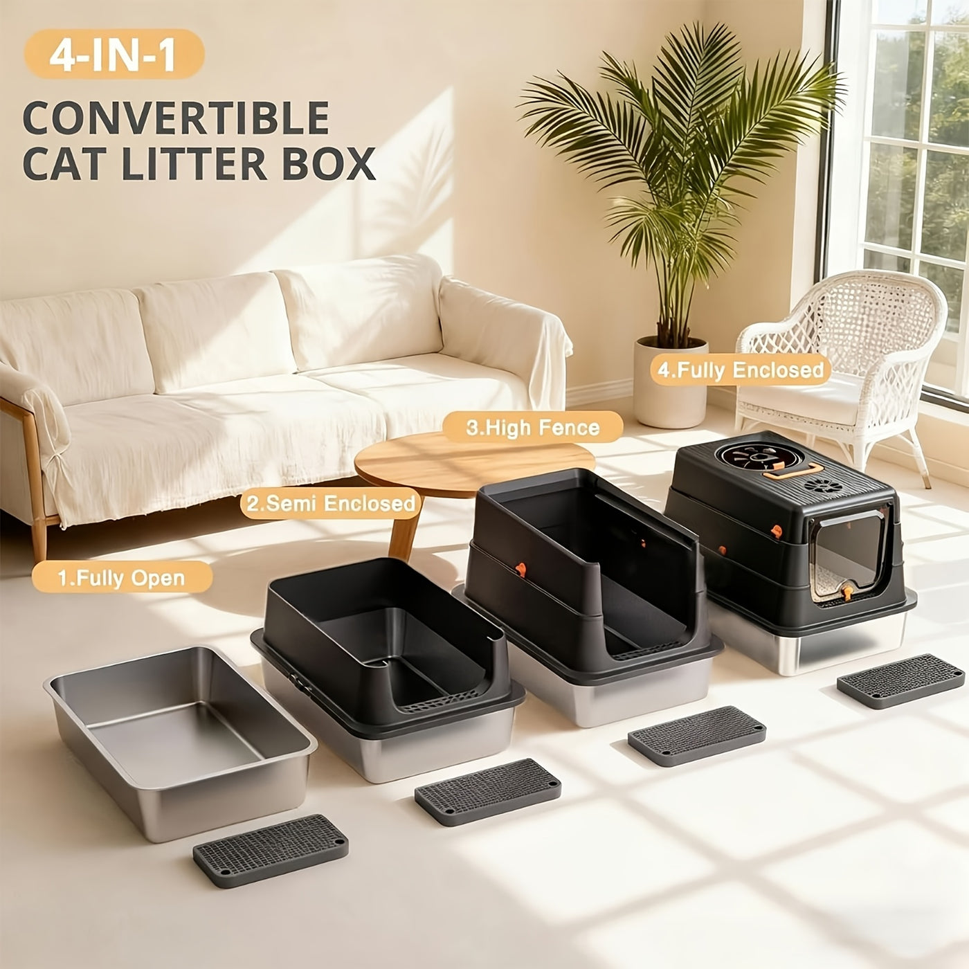 Stainless Steel Cat Litter Box XL Enclosed Odor-Proof with Scoop Step Pedal & Carbon Deodorizer for Large Cats