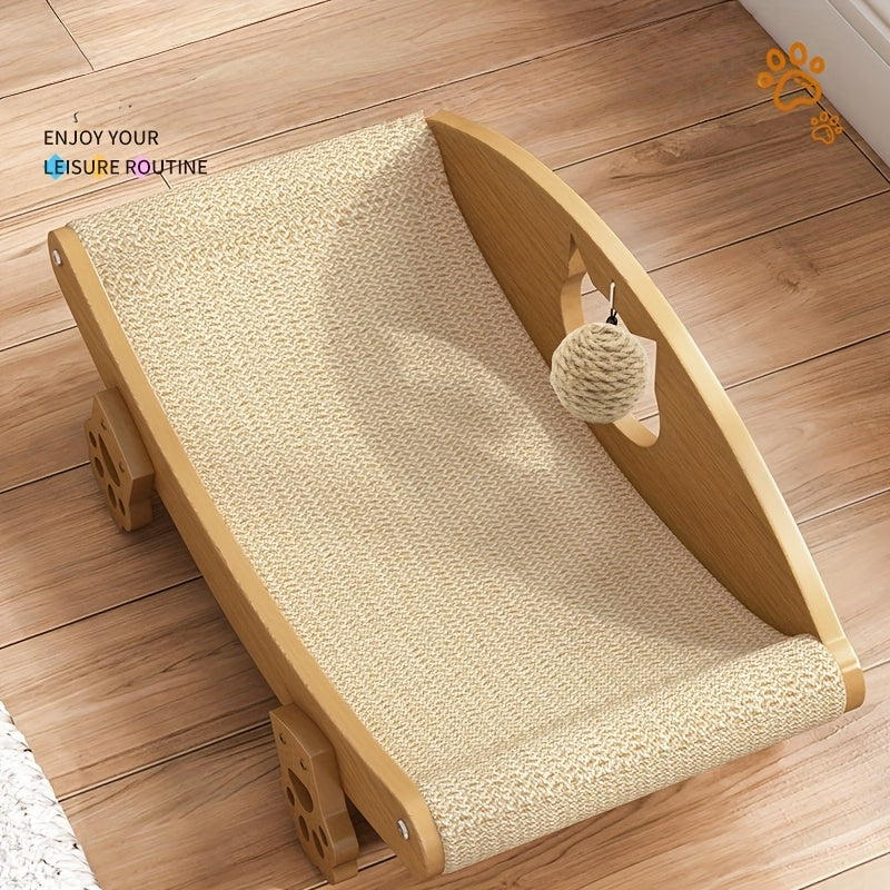 Sisal Cat Scratcher Lounge Chair with Hanging Ball Toy – Solid Wood Curved Cat Bed & Scratching Pad, Furniture Protector for Indoor Cats