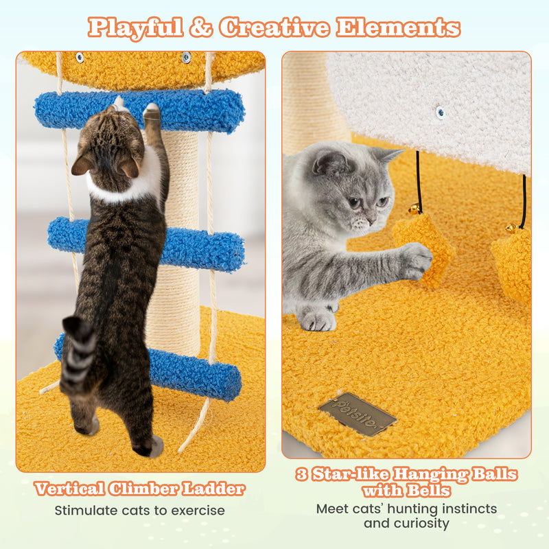 Aviation Cat Tree for Indoor Cats – Small Cat Tower with Helicopter Perch, Scratching Post, Climbing Ladder & 3 Hanging Toys, 30" Kitty Activity Center, Blue White Yellow
