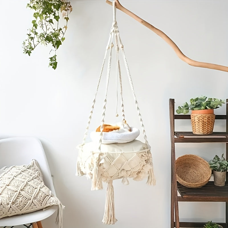 Extra Large Hand-Woven Rope Cat Hammock Swing Bed Indoor Cat Nest Basket for Two Cats - Super Load-Bearing Durable Hanging Cat Bed 15.75in & 11.81in Diameter