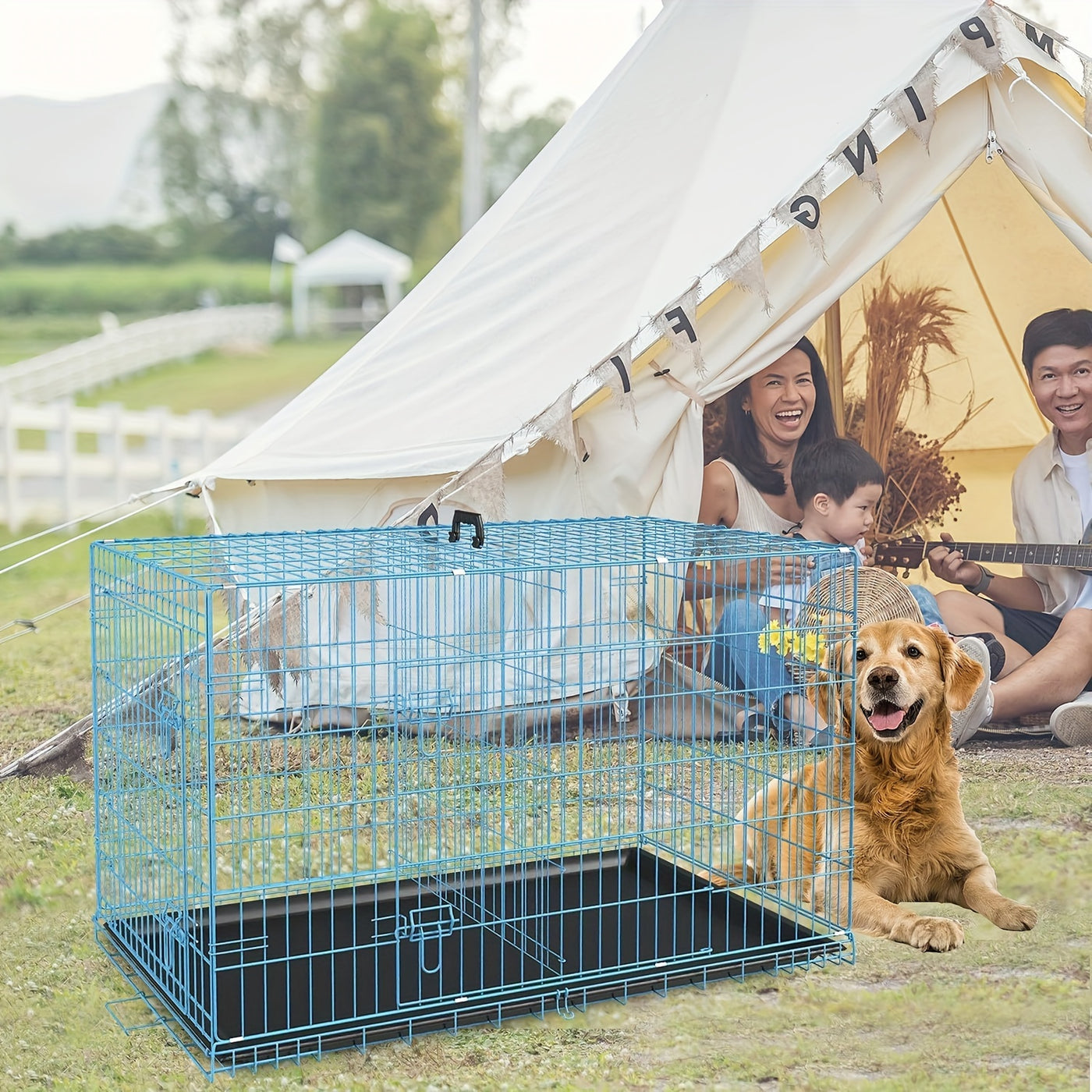 Folding Metal Dog Crate 42 & 48 Inch – Double Door Wire Dog Cage with Divider & Leak-Proof Tray for Puppies, Medium & Large Dogs, Indoor & Outdoor