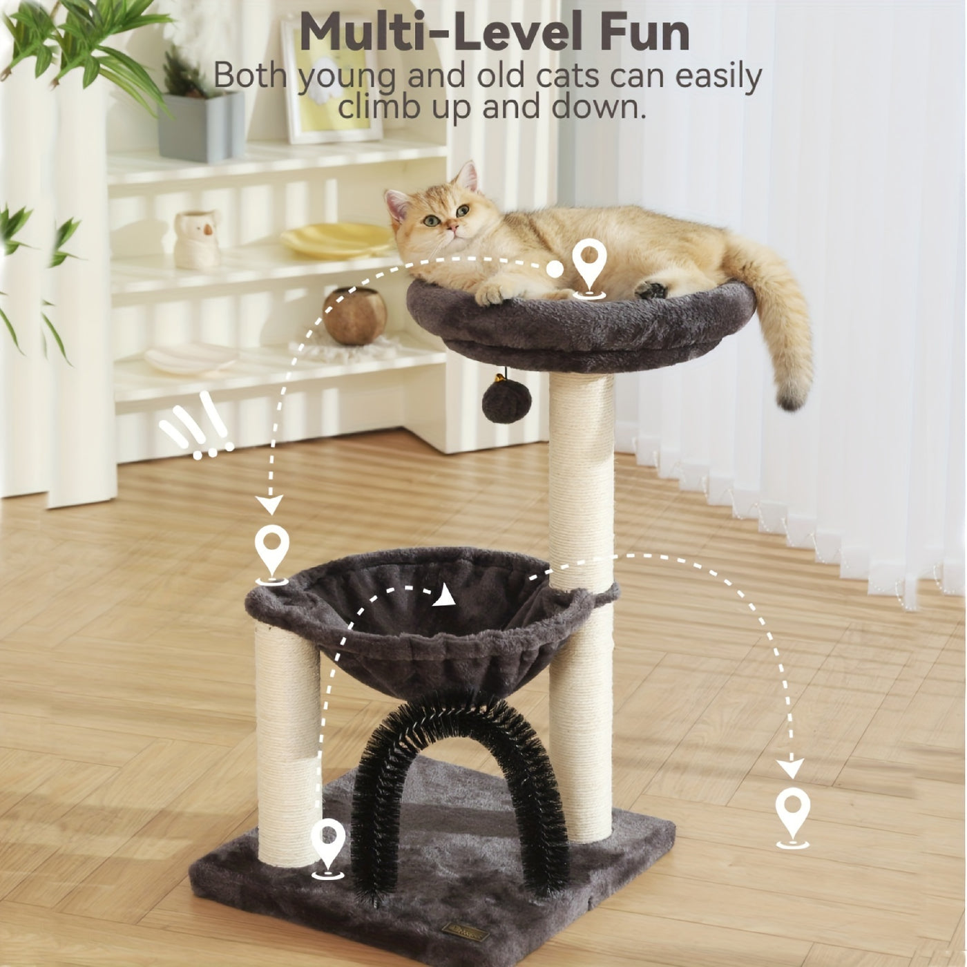 Cat Tree Tower 27.8" for Indoor Cats – Multi-Level Scratching Post with Plush Basket, Perch & Dangling Ball for Kittens and Small Cats, Grey