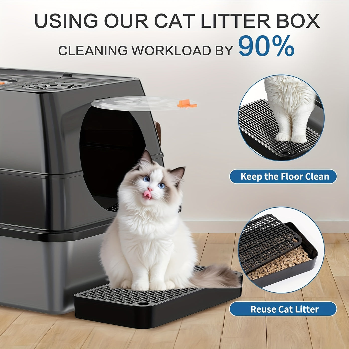 XL Stainless Steel Enclosed Cat Litter Box – 3-in-1 Flip Top Design, High Side Walls Prevent Litter Scatter, Ideal for Large Cats and Multi-Cat Households