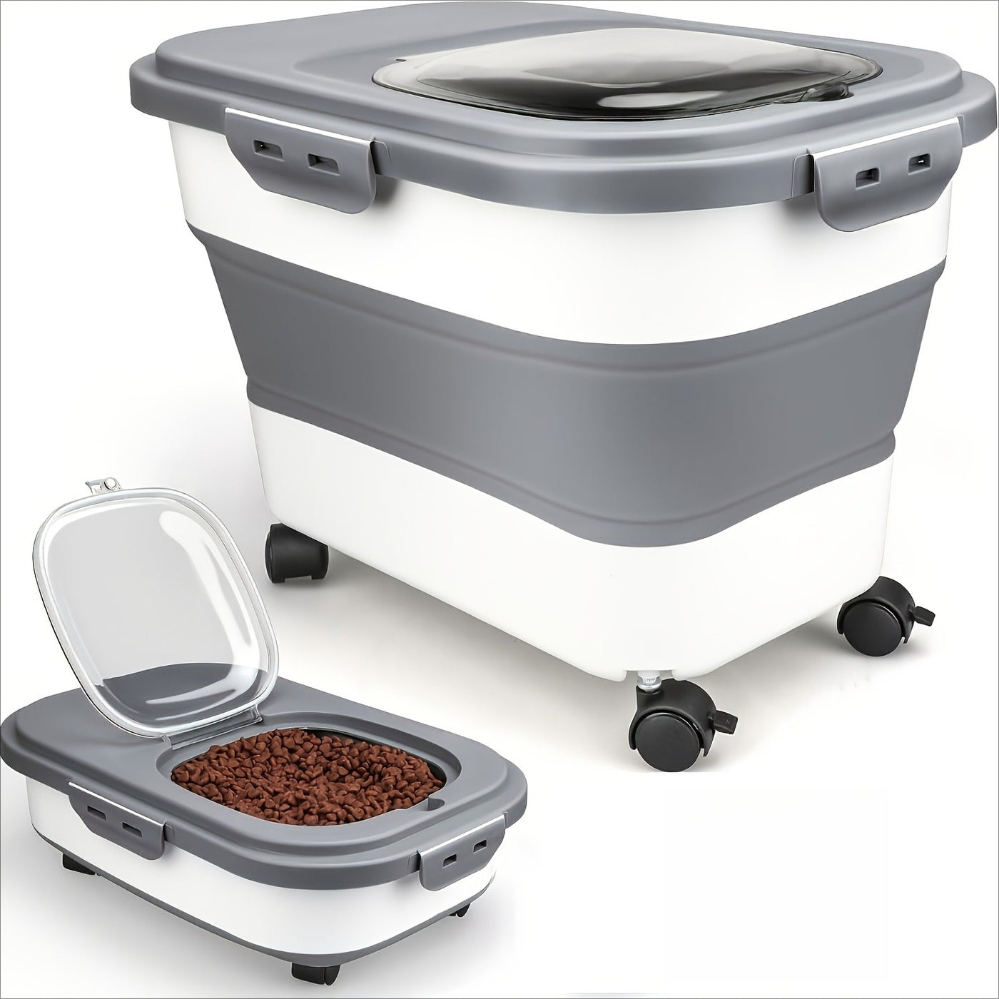 Foldable Pet Food Storage Container with Wheels – Airtight Moisture-Proof Bin for Dog & Cat Food, 5-30 LB Capacity, Upgraded Model