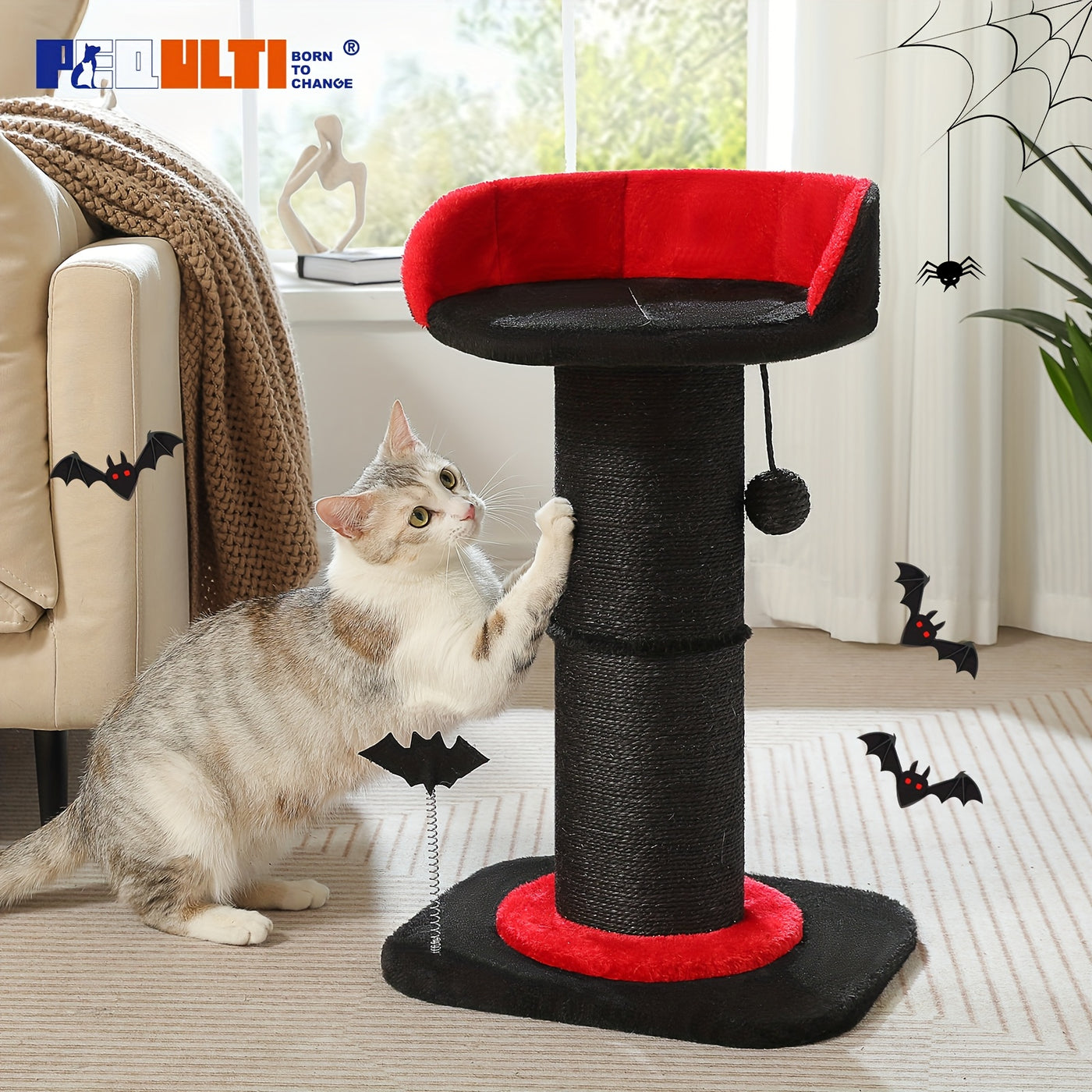 Multi-Tier Sisal Cat Scratching Post Tower with Dangling Ball - 18.9" & 32" Indoor Cat Tree for Energetic Cats, Sturdy Tiered Design, 6 Colors