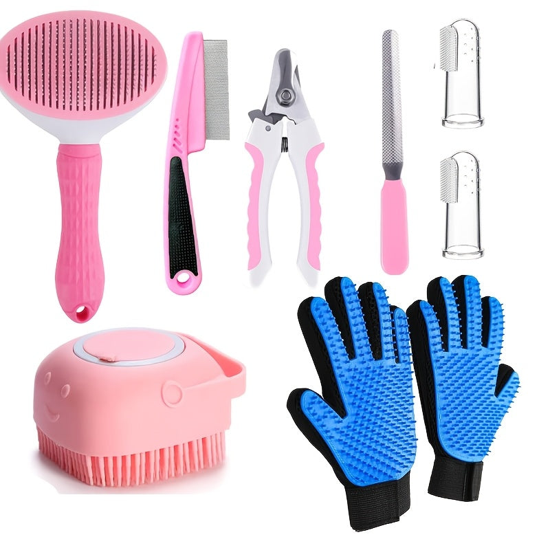 7-in-1 Pet Grooming Kit for Dogs & Cats – Self-Cleaning Slicker Brush, Nail Clippers, Shampoo Bath Brush, Dental Care Set for Puppies & Cats | Pink & Blue, 9pcs