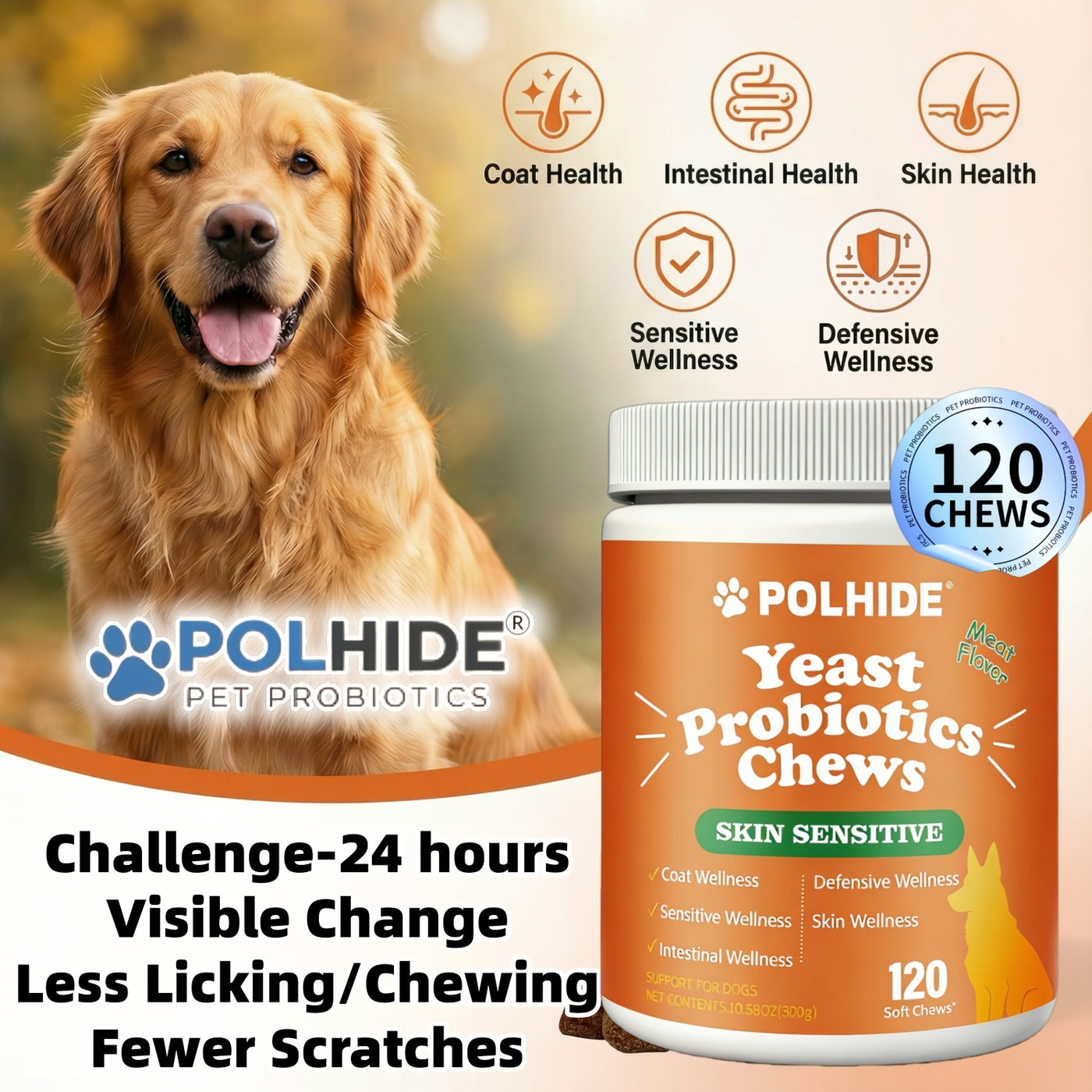 Yeast Probiotic Chews for Dogs – 90-Day Supply, 120 Meat Flavor Soft Chews, Supports Coat & Gut Health, Sensitive Skin & Defensive Wellness, All Ages
