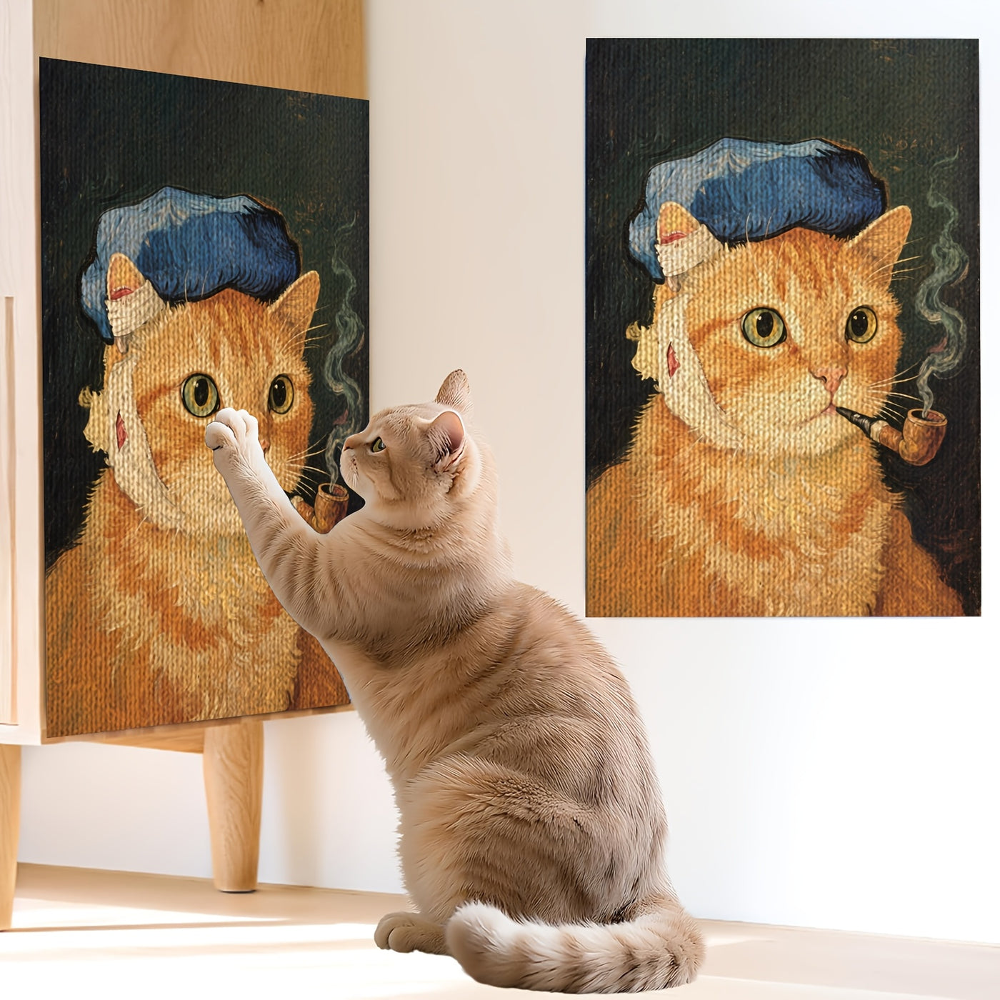 Self-Adhesive Cat Scratcher Wall Pad – Famous Artwork Designs, 15.7x23.6 Inch Sofa & Wall Protector, No-Drill Mount for Indoor Cats