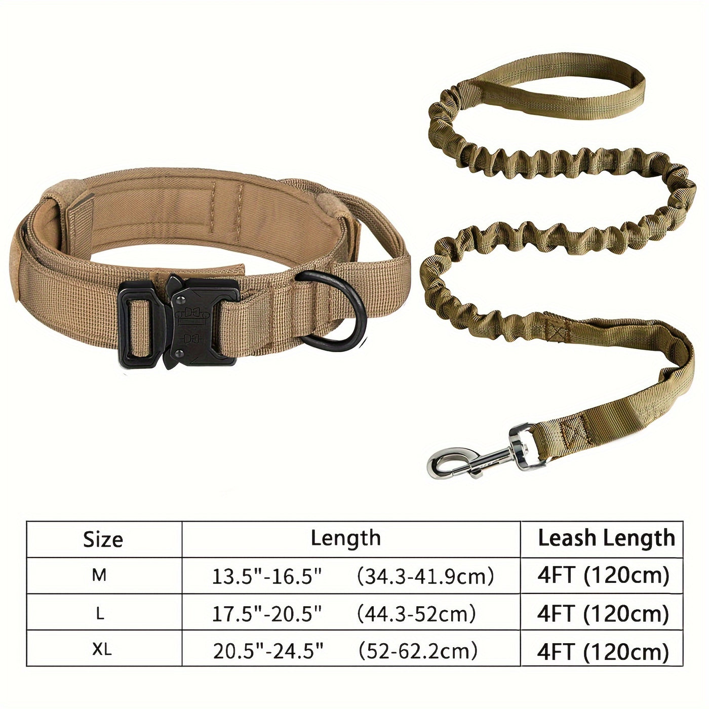 Tactical Dog Collar & Leash Set Heavy Duty - Adjustable Durable Polyester Metal Buckle D-Ring for All Dog Sizes M L XL, Training Walking Collar Leash, Black & Khaki