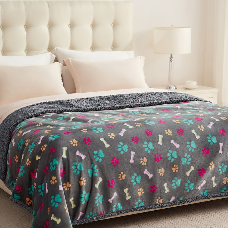 Waterproof Dog Blanket for Couch Sofa Bed - Pee Proof Washable Soft Fluffy Pet Blanket Reversible Furniture Protector, Gray Bone & Paw Print Design for Dogs Cats Small Medium Large