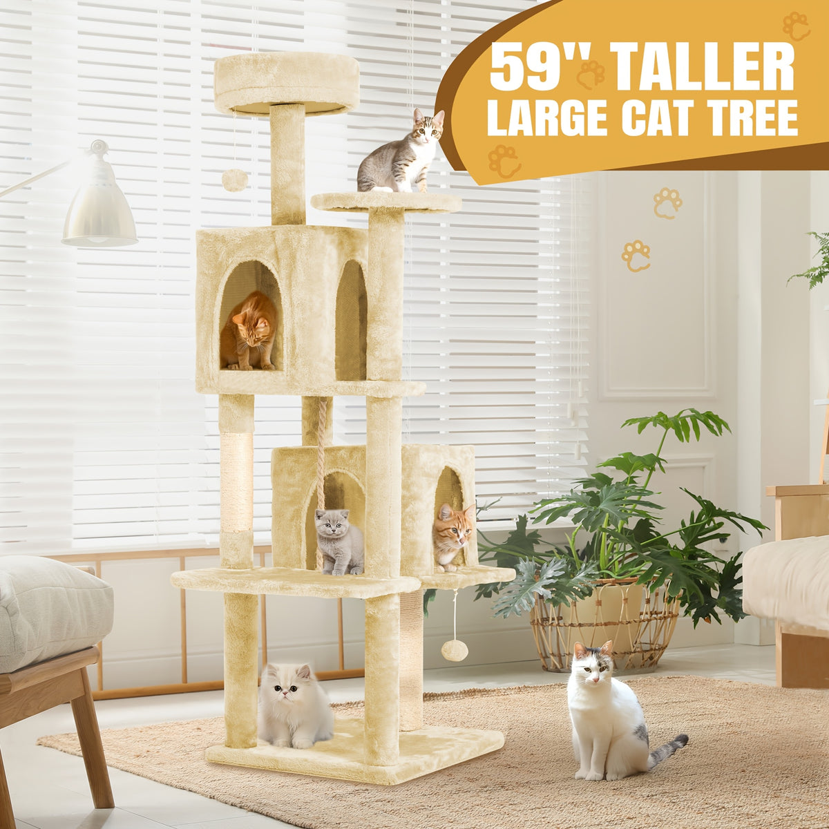 59-Inch Large Cat Tree Tower for Indoor Cats - Multi-Level Plush Perches, Sisal Scratching Posts & Hanging Ball Toy, Tall Cat Tower for Bedroom Living Room