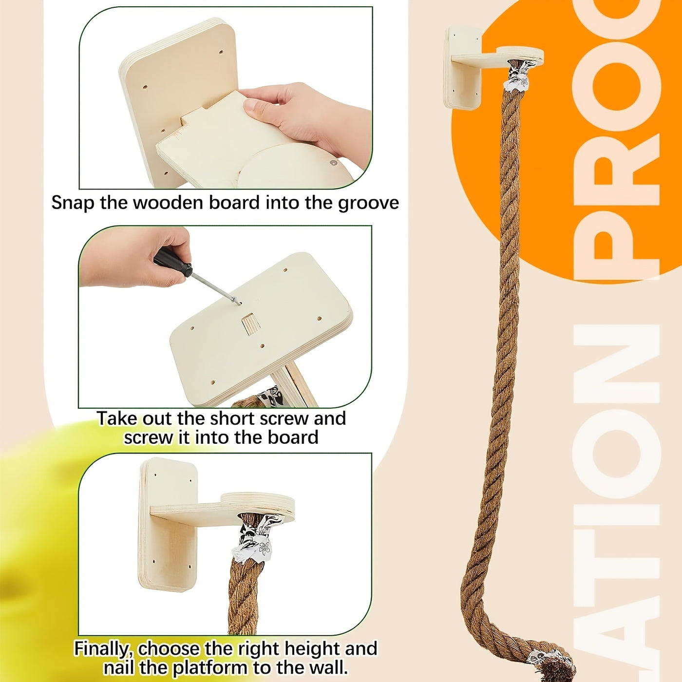 Wall-Mounted Cat Climbing Rope & Jumping Platform – Natural Hemp, Space-Saving Cat Wall System Accessory for Indoor Cats & Kittens, 2 Styles