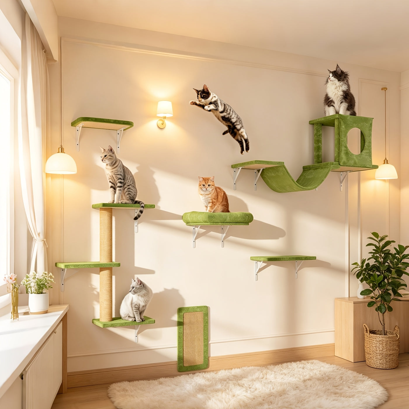 Wall Mounted Cat Climbing Shelf Set – 6 or 7 Piece Cat Wall Furniture with Scratching Post, Bridge, Ladder & Tunnel, Indoor Cat Condo for Cats of All Sizes
