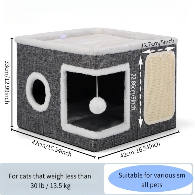Foldable Cat Cube Bed with 2-Tier Perch, Toy Tunnel & Scratching Post – Space-Saving Indoor Cat House, 16.5x16.5x13 Inches, Plush & Canvas