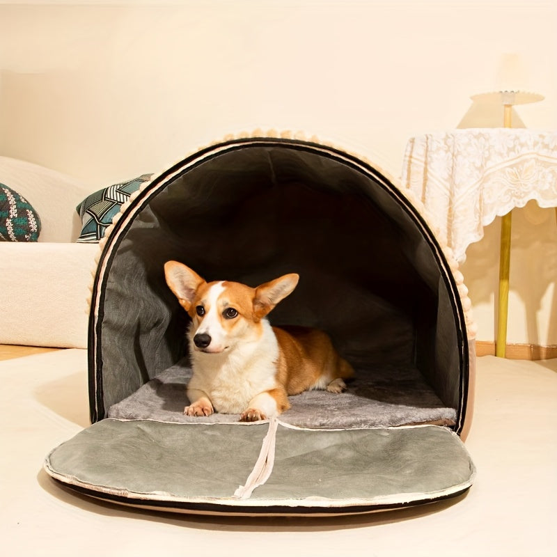 2-in-1 Foldable Indoor Dog House & Pet Tent Cave Bed - Soft Fluffy Washable Cushion Mat with Lid, All-Season Privacy Warm Bed for Small Medium Large Dogs Cats