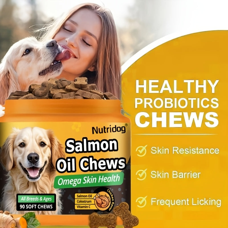 Dog Supplement Chews 90ct with Probiotics and Salmon Oil – Coat and Gut Health Chicken Flavor Soft Chews for All Ages