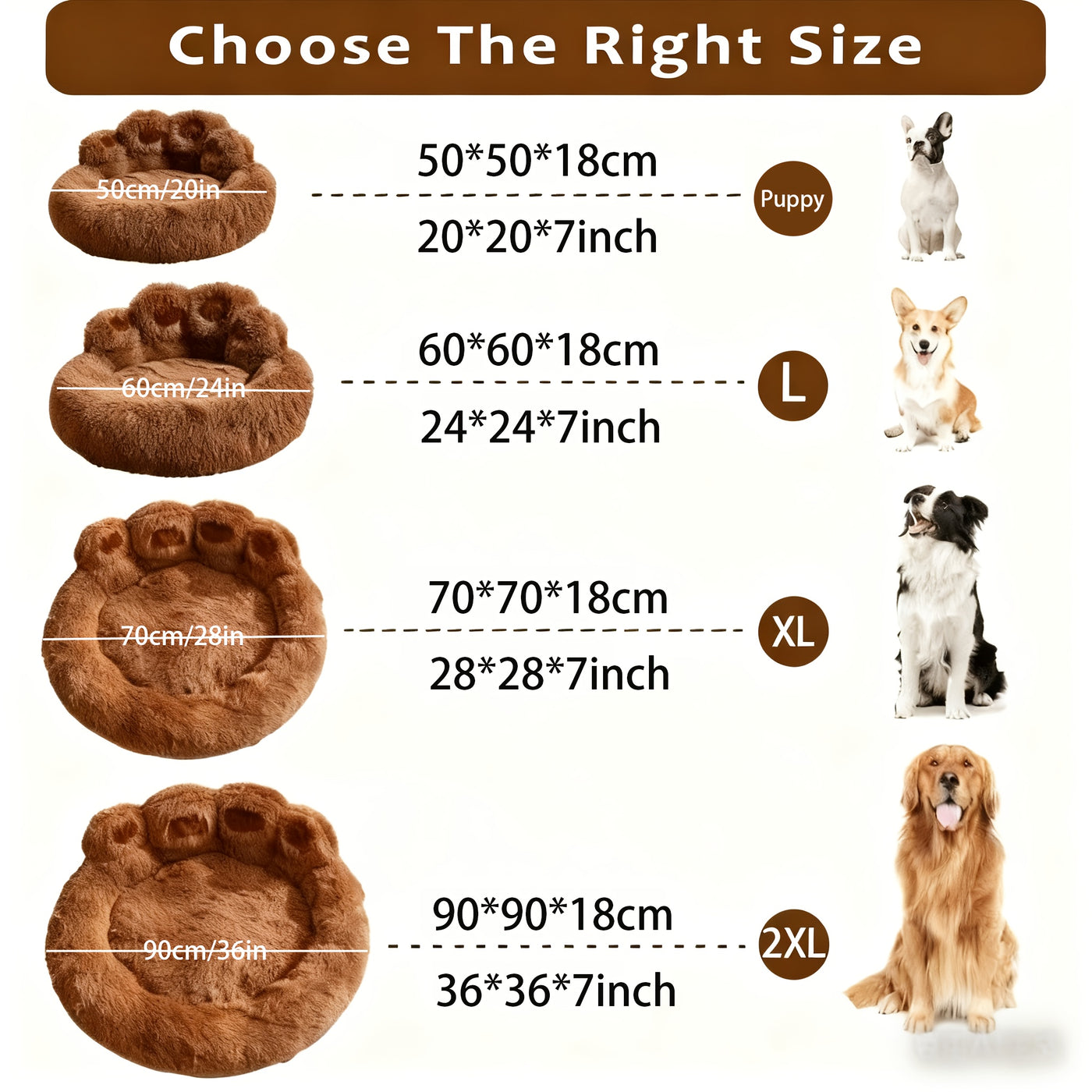Bear Paw Round Plush Pet Bed for Dogs & Cats – Cute Warm Non-Slip Soft Bed for Small, Medium & Large Pets, 20/24/28/36 Inch