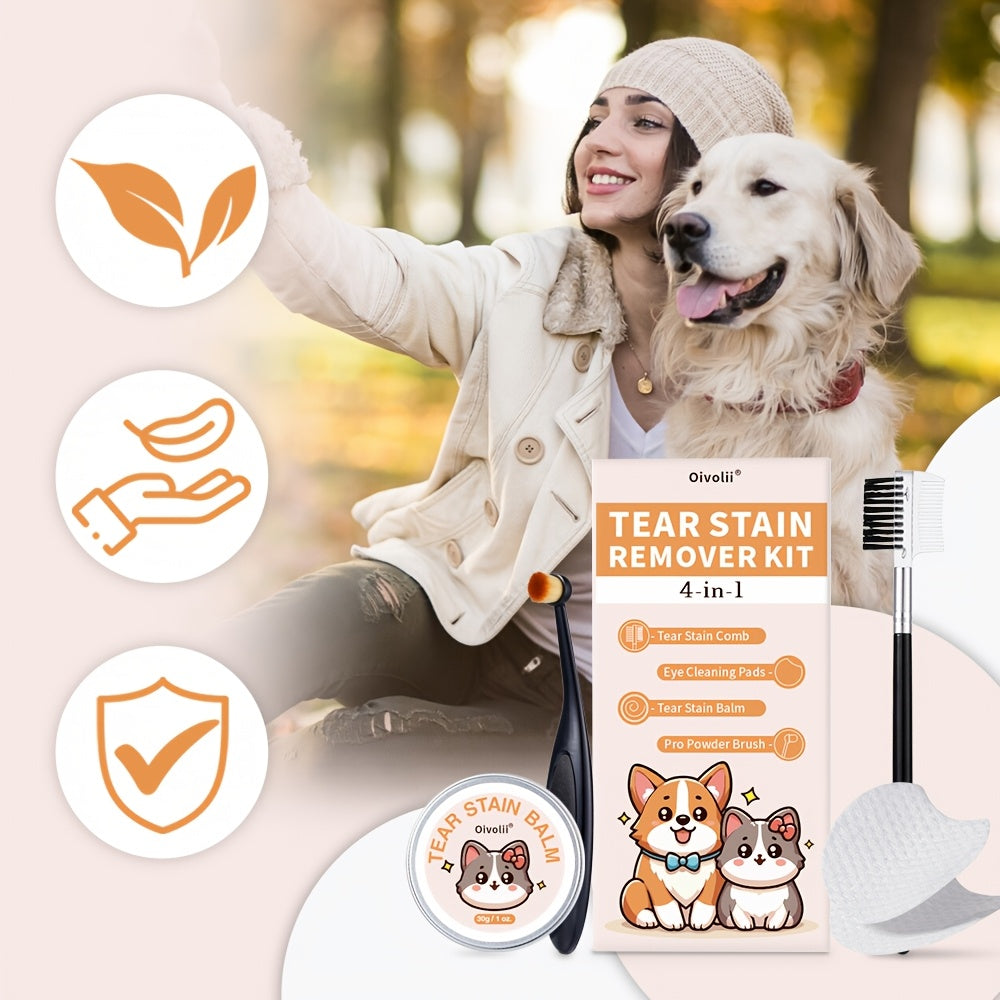 Dog Eye Tear Stain Remover Kit 4-in-1 – Brush, Cream, Wipes & Comb for Pet Eye Cleaning and Tear Duct Care