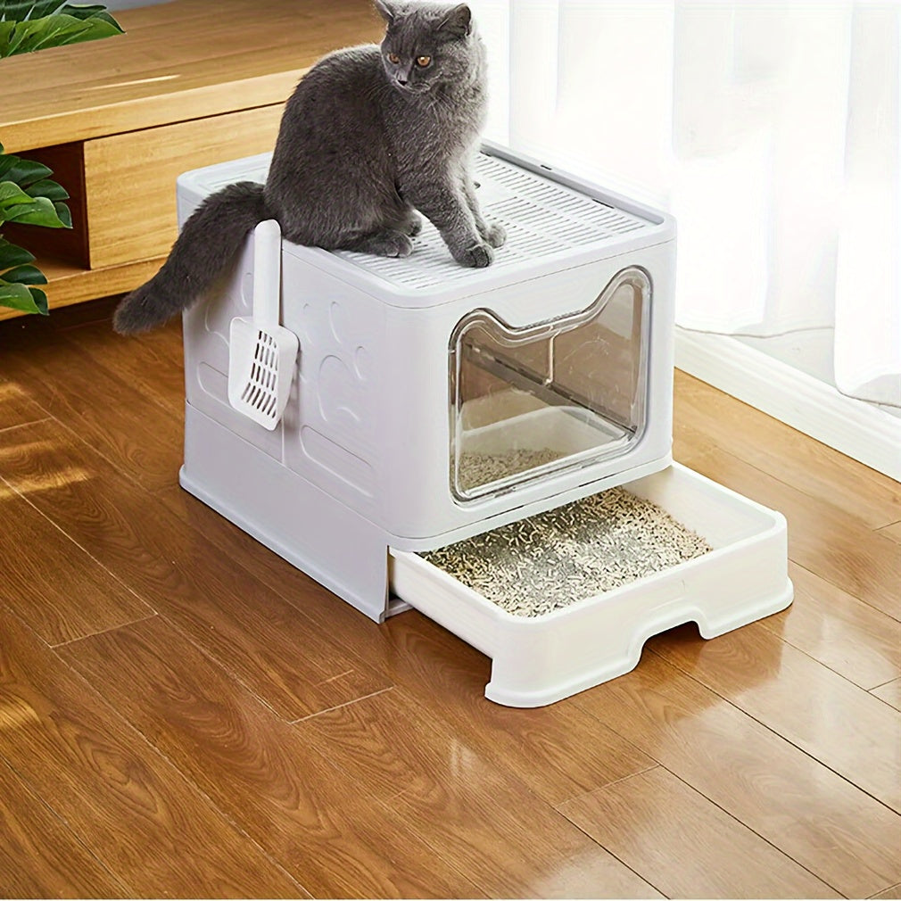 Large Top-Entry Cat Litter Box with Drawer Tray & Scoop - Odor Control Self-Cleaning Cat Toilet for Cats Up to 10kg, Modern Design Foldable Litter Box, Gray/Pink