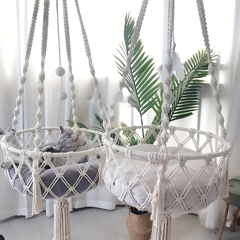 Extra Large Hand-Woven Rope Cat Hammock Swing Bed Indoor Cat Nest Basket for Two Cats - Super Load-Bearing Durable Hanging Cat Bed 15.75in & 11.81in Diameter